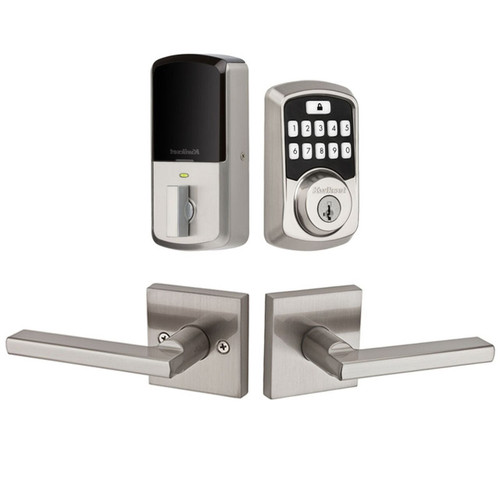 Kwikset 942BLE-720HFLSQT-15 Aura Bluetooth Keypad Electronic Deadbolt with Halifax Lever with Square Rose Satin Nickel Finish