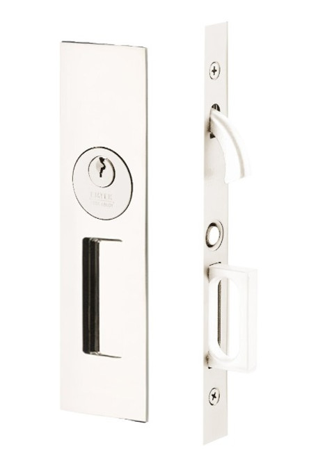 Emtek 2153US14 Narrow Modern Rectangular Keyed Pocket Door Mortise Lock Polished Nickel Finish