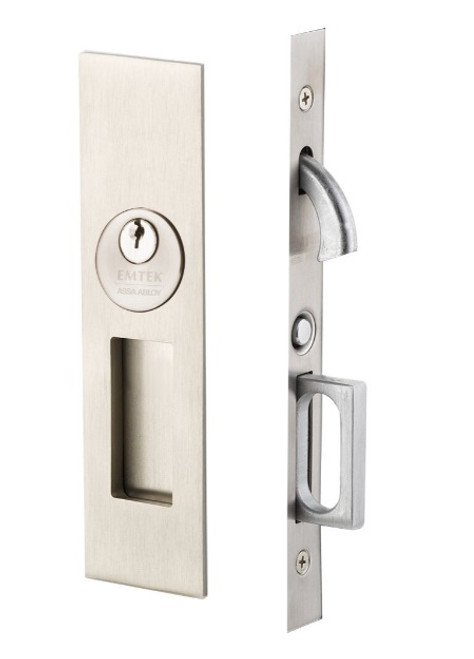 Emtek 2153US15 Narrow Modern Rectangular Keyed Pocket Door Mortise Lock Satin Nickel Finish