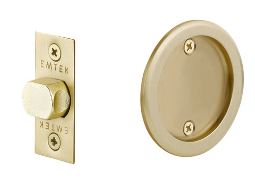 Emtek 2144US4 Round Passage Pocket Door Tubular Lock with Passage Strike Plate Satin Brass Finish
