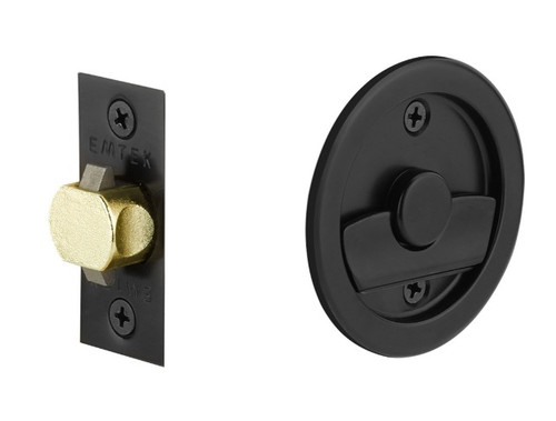 Emtek 2145US19 Round Privacy Pocket Door Tubular Lock with Privacy Strike Plate and Dust Box Flat Black Finish