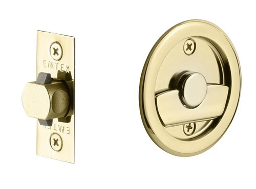 Emtek 2145US3NL Round Privacy Pocket Door Tubular Lock with Privacy Strike Plate and Dust Box Unlacquered Brass Finish