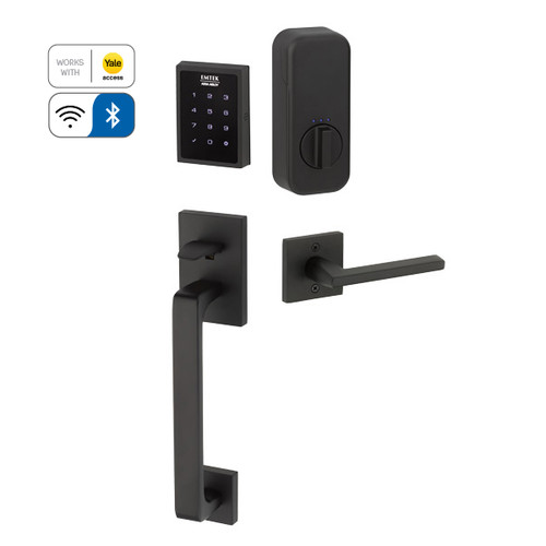 Emtek EMP1103XXXUS19 EMPowered™ Motorized Touchscreen Keypad Baden Entry Handleset with Your Choice of Handle Connected by August Flat Black Finish