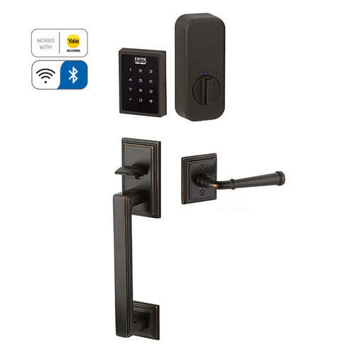 Emtek EMP1106XXXUS15 EMPowered™ Motorized Touchscreen Keypad Hamden Entry Handleset with Your Choice of Handle Connected by August Satin Nickel Finish