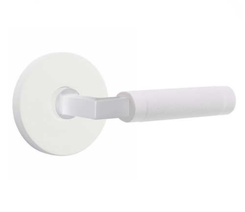 Emtek XXXX-LSKN-MW-PASS Matte White L-Square Knurled Passage Lever with Your Choice of Rosette