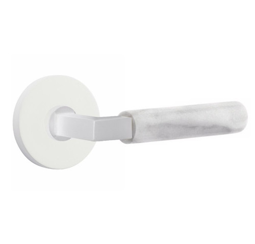 Emtek XXXX-LSMRWH-MW-PRIV Matte White L-Square White Marble Privacy Lever with Your Choice of Rosette