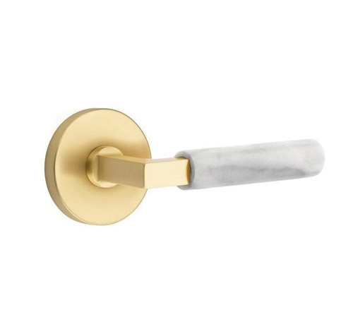 Emtek XXXX-LSMRWH-US4-PHD Satin Brass L-Square White Marble Pair Half Dummy Lever with Your Choice of Rosette