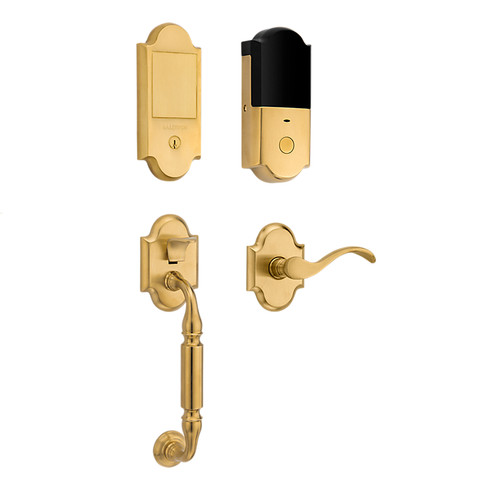 Baldwin 85306044LFD Full Dummy Canterbury Left Hand Handleset Bottom Grip with Wave Lever and Arch Rose Lifetime Satin Brass Finish