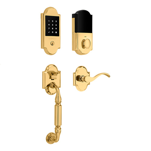 Baldwin 85306003LENT Touchscreen Deadbolt with Canterbury Left Hand Single Cylinder Handleset Bottom Grip with Wave Lever and Arch Rose Stand Alone Lifetime Brass Finish
