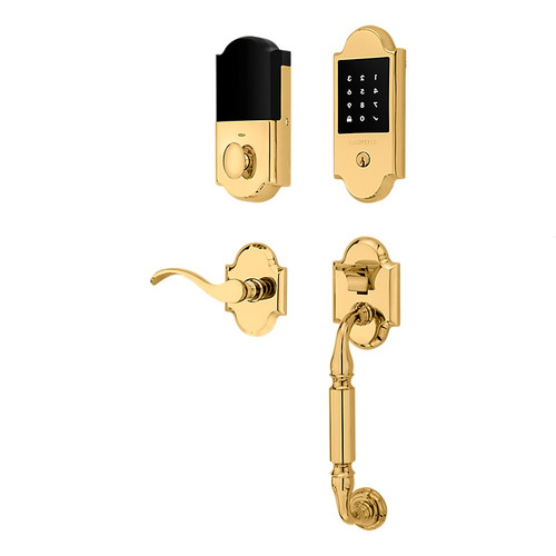 Baldwin 85306003RENT Touchscreen Deadbolt with Canterbury Right Hand Single Cylinder Handleset Bottom Grip with Wave Lever and Arch Rose Stand Alone Lifetime Brass Finish