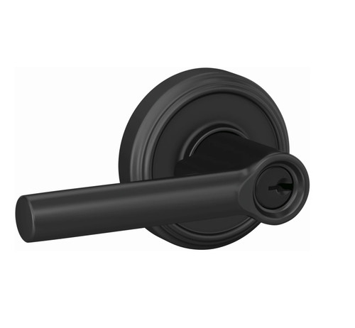 Schlage F51ABRW622IND Matte Black Keyed Entry Broadway Style Lever with Indy Rose