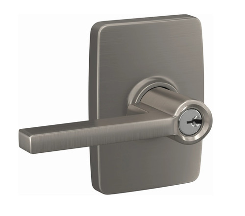 Schlage F51ALAT619GEE Satin Nickel Keyed Entry Latitude Style Lever with Greene Rose
