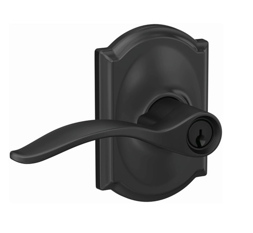 Schlage F51APEN622CAM Matte Black Keyed Entry Pennant Style Lever with Camelot Rose