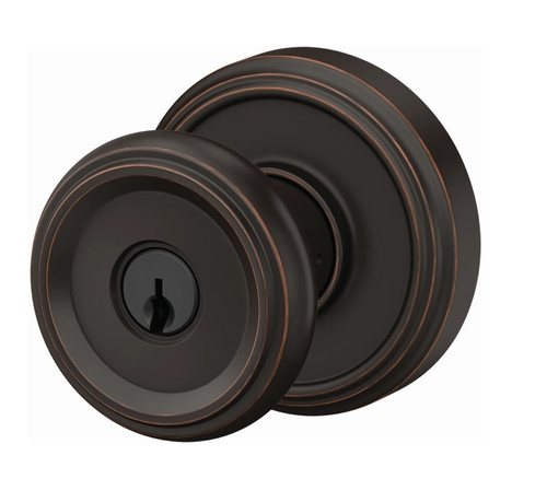 Schlage F51AOFM716IND Aged Bronze Keyed Entry Offerman Style Knob with Indy Rose