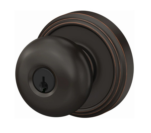 Schlage F51APLY716IND Aged Bronze Keyed Entry Plymouth Style Knob with Indy Rose