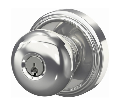Schlage F51APLY625IND Polished Chrome Keyed Entry Plymouth Style Knob with Indy Rose