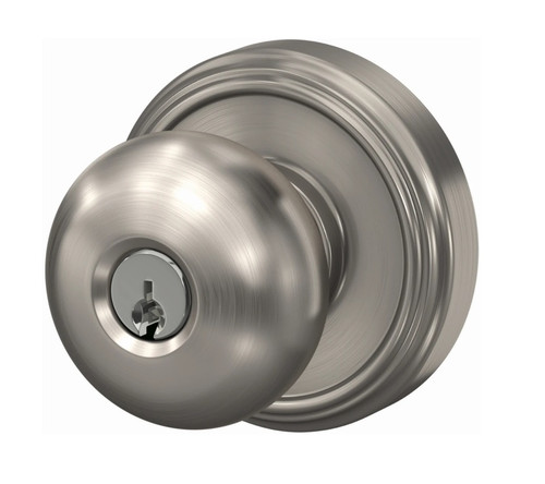 Schlage F51APLY619IND Satin Nickel Keyed Entry Plymouth Style Knob with Indy Rose