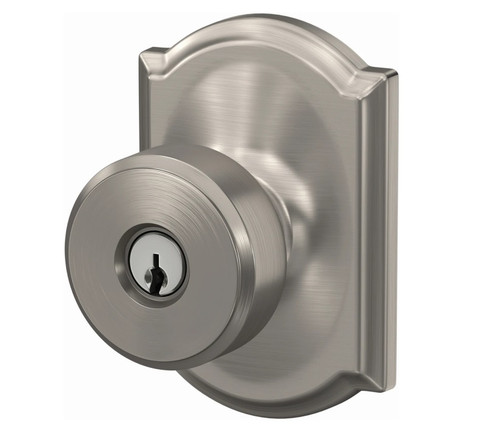 Schlage F51ASWA619CAM Satin Nickel Keyed Entry Swanson Style Knob with Camelot Rose