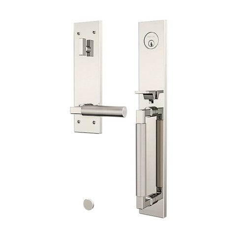 Baldwin 85316M10LENT Gramercy Full Escutcheon Tubular Left Hand Single Cylinder Handleset Lifetime Satin Nickel Handle Pull and Lever Grip On The Lifetime Bright Nickel Finish