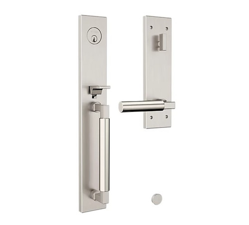 Baldwin 85316M09RFD Gramercy Full Escutcheon Tubular Right Hand Dummy Handleset Lifetime Bright Nickel Handle Pull and Lever Grip On The Lifetime Satin Nickel Finish