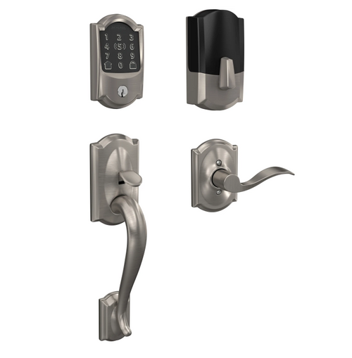 Schlage Residential BE499WBCAM619-FE285CAM619ACCCAMLH Camelot Encode Plus Smart Wifi Deadbolt with Camelot Handle Set and Camelot Rose Left Hand Satin Nickel Finish