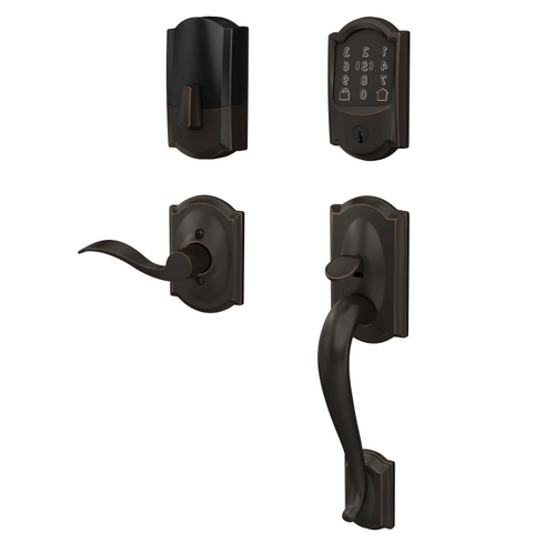 Schlage Residential BE499WBCAM716-FE285CAM716ACCCAMRH Camelot Encode Plus Smart Wifi Deadbolt with Camelot Handle Set and Camelot Rose Right Hand Aged Bronze Finish