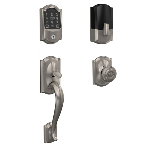 Schlage Residential BE499WBCAM619-FE285CAM619GEOCAM Camelot Encode Plus Smart Wifi Deadbolt with Camelot Handle Set and Camelot Rose and Georgian Knob Satin Nickel Finish