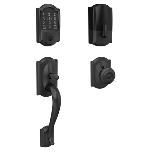 Schlage Residential BE499WBCAM622-FE285CAM622GEOCAM Camelot Encode Plus Smart Wifi Deadbolt with Camelot Handle Set and Camelot Rose and Georgian Knob Matte Black Finish