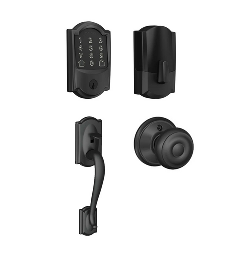 Schlage Residential BE489WBCCAM622-FE285CAM622GEO Camelot Encode Smart Wifi Deadbolt with Camelot Handle Set and Georgian Knob Matte Black Finish