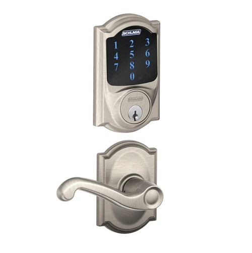 Schlage FBE469ZPCAM619FLACAM Satin Nickel Camelot Touch Pad Electronic Deadbolt with Z-Wave Technology and Flair Lever with CAM Rose