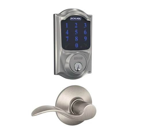 Schlage FBE469ZPCAM619ACC Satin Nickel Camelot Touch Pad Electronic Deadbolt with Z-Wave Technology and Accent Lever