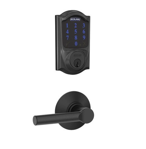 Schlage FBE469ZPCAM622BRW Matte Black Camelot Touch Pad Electronic Deadbolt with Z-Wave Technology and Broadway Lever