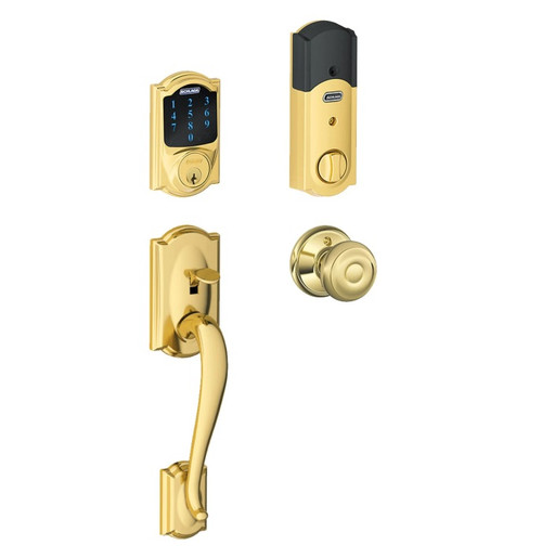 Schlage FE469ZPCAM605GEO Bright Brass Camelot Touch Pad Electronic Deadbolt with Z-Wave Technology and Camelot Handleset with Georgian Knob