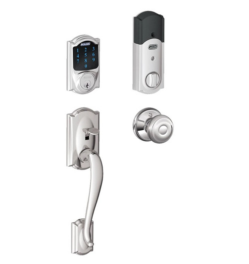 Schlage FE469ZPCAM625GEO Polished Chrome Camelot Touch Pad Electronic Deadbolt with Z-Wave Technology and Camelot Handleset with Georgian Knob