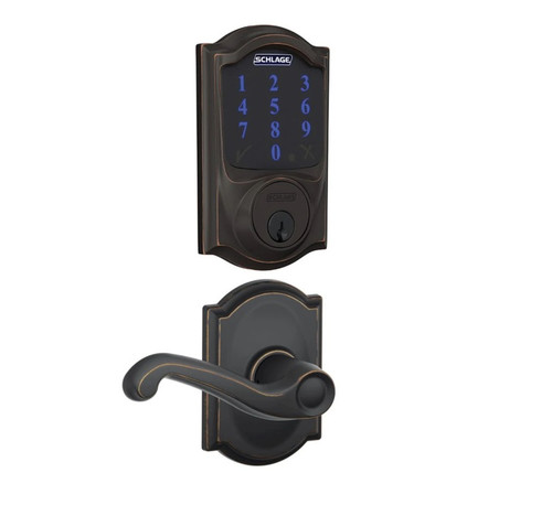 Schlage FBE468ZPCAM716FLACAM Aged Bronze Camelot Touch Pad Electronic Deadbolt with Z-Wave Technology and Flair Lever with CAM Rose