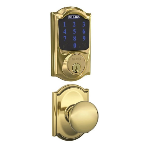 Schlage FBE468ZPCAM605PLYCAM Polished Brass Camelot Touch Pad Electronic Deadbolt with Z-Wave Technology and Plymouth Knob with CAM Rose
