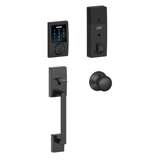 Schlage FE468ZPCEN622GEO Matte Black Century Touch Pad Electronic Deadbolt with Z-Wave Technology and Century Handleset with Georgian Knob