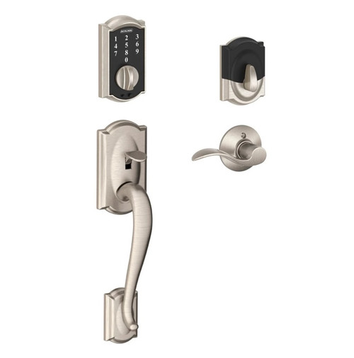 Schlage FE375CAM619ACC Satin Nickel Camelot Keyless Touch Pad Electronic Handleset with Accent Lever