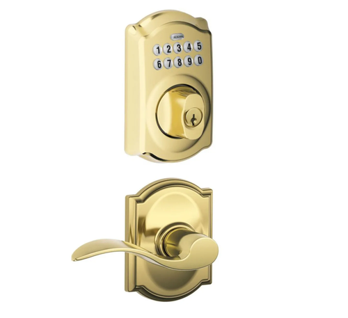 Schlage BE365CAM505/F10ACC505CAM Camelot Keypad Dead Bolt Combo Pack Lifetime Brass Electronic Keypad Deadbolt