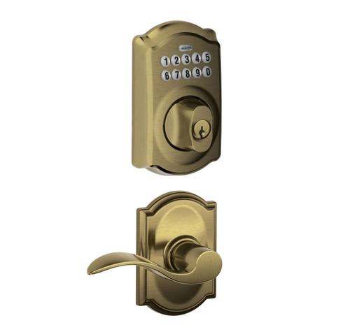 Schlage BE365CAM609/F10ACC609CAM Camelot Keypad Dead Bolt Combo Pack Antique Brass Electronic Keypad Deadbolt