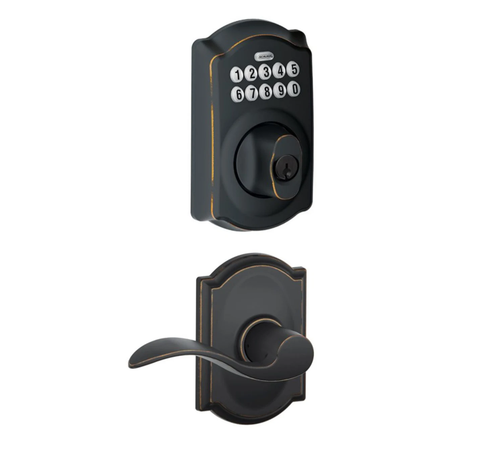 Schlage BE365CAM716/F10ACC716CAM Camelot Keypad Dead Bolt Combo Pack Aged Bronze Electronic Keypad Deadbolt