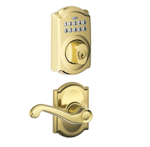 Schlage BE365CAM505/F10FLA505CAM Camelot Keypad Dead Bolt Combo Pack Lifetime Brass Electronic Keypad Deadbolt