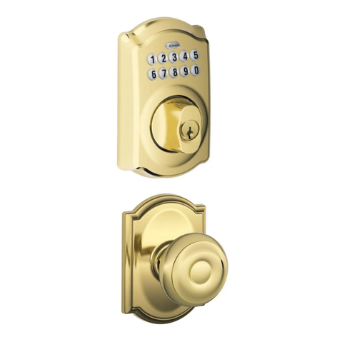 Schlage BE365CAM505/F10GEO505CAM Camelot Keypad Dead Bolt Combo Pack Lifetime Brass Electronic Keypad Deadbolt