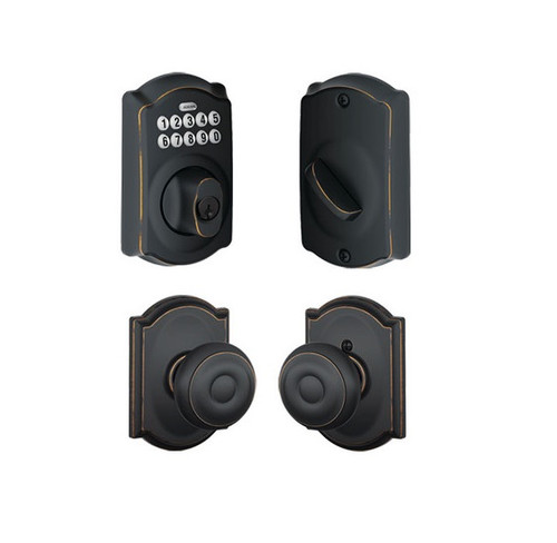 Schlage BE365CAM716/F10GEO716CAM Camelot Keypad Dead Bolt Combo Pack Aged Bronze Electronic Keypad Deadbolt