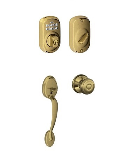 Schlage FE285PLY609GEO-BE365PLY609 Antique Brass Plymouth Keypad Handleset with Georgian Knob