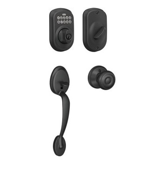 Schlage FE285PLY622GEO-BE365PLY622 Matte Black Plymouth Keypad Handleset with Georgian Knob