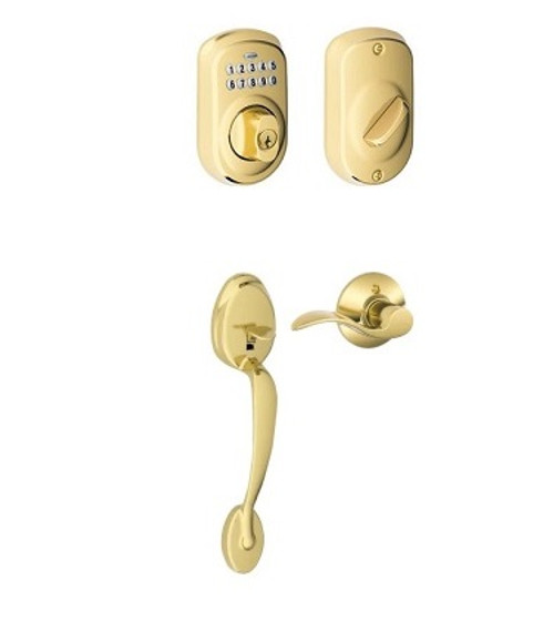 Schlage FE285PLY505ACC-BE365PLY505 Lifetime Brass Plymouth Keypad Handleset with Accent Lever