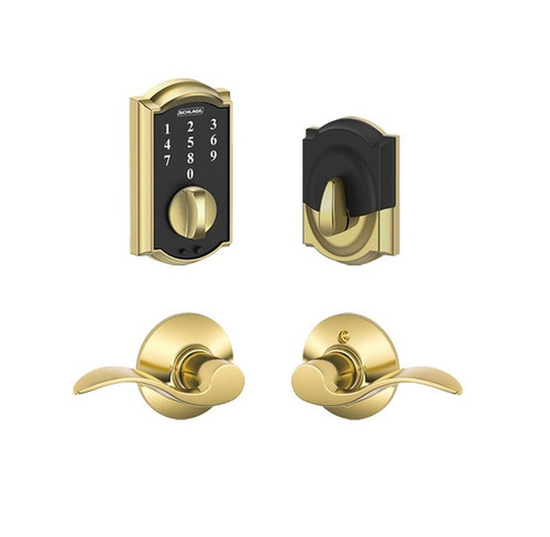 Schlage BE375CAM605-F10ACC605 Polished Brass Camelot Keyless Touch Pad Electronic Deadbolt with Accent Lever