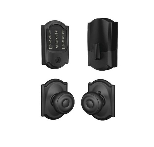 Schlage Residential BE489WBCCAM622-F10GEO622CAM Camelot Encode Smart Wifi Deadbolt with Georgian Knob and Camelot Rose Matte Black Finish