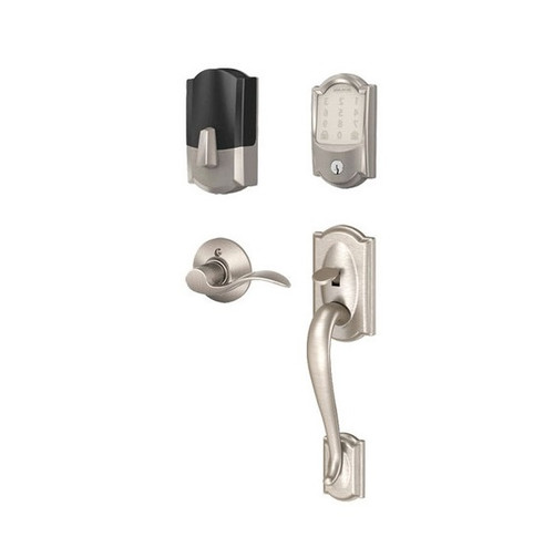 Schlage Residential BE489WBCCAM619-FE285CAM619ACCLH Camelot Encode Smart Wifi Deadbolt with Camelot Handle Set and Accent Lever Left Handed Satin Nickel Finish